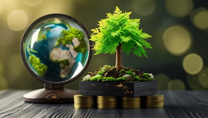 Sustainable Finance Growth with Tree, Globe, Coins, and Magnifying Glass Over Soil