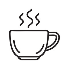 Simple black line drawing of a steaming coffee cup on a white background