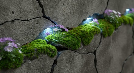 Lush Greenery and Delicate Flowers Emerging from Cracked Concrete Pathway with Illuminated Features