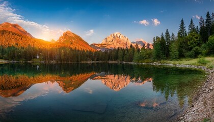 stunning mountain lake with reflection of peaks and trees at sunset