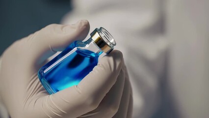 Scientist Holding Vial of Blue Liquid in Laboratory Setting                                                 
