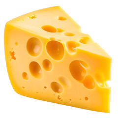 A close-up shot of a delicious cheese wedge with several holes in it, isolated on transparent background