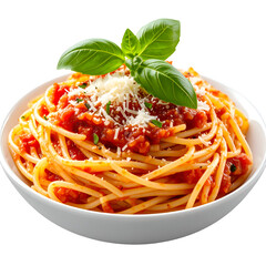 A delicious bowl of spaghetti topped with fresh basil leaves and parmesan cheese. A culinary delight that awakens the senses and makes the mouth water.