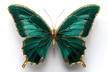 Elegant Green Butterfly with Golden Accents on a White Background