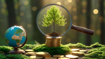 Eco Investment Growth with Bonsai Tree, Globe, Magnifying Glass, and Coins on Soil