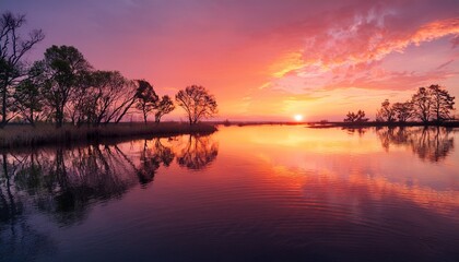 pink and orange sunset over calm water with trees