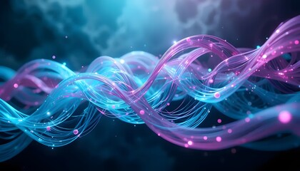 Abstract digital artwork shows flowing, luminescent strands of blue and pink light against dark sky