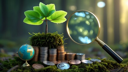 Eco Investment Growth with Coins, Bonsai Tree, Globe, and Magnifying Glass on Mossy Soil