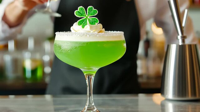 Bartender crafting festive green cocktail with shamrock garnish for seasonal celebration