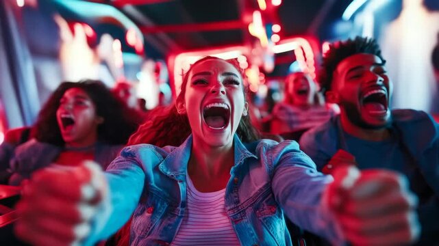 Thrilling roller coaster ride, exhilarated expressions, night adventure, group joy, motion lights