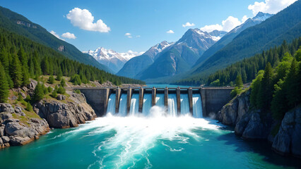 Fototapeta premium A large dam with warning signs and safety precautions to ensure controlled energy generation