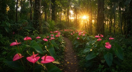 Serene Forest Pathway Surrounded by Vibrant Pink Flowers and Soft Sunrise Glow in Lush Green Jungle Landscape