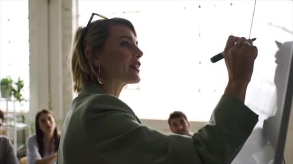 A woman shares insights and ideas in a well-lit classroom with a diverse audience. Participants actively engage and take notes during the informative session - Powered by Adobe