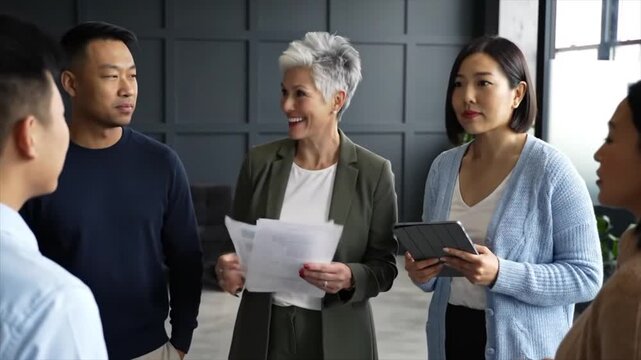 A group of Asian and Caucasian professionals gathers in a contemporary office space for a collaborative meeting. They engage in a lively discussion while reviewing important documents