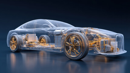 Transparent Electric Vehicle Showing Internal Components and Structure