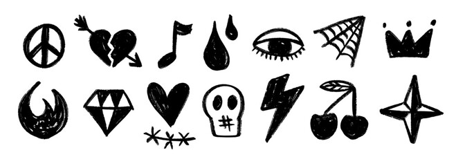 Hand drawn rock music signs and symbols set. Chalk doodle grunge punk collection. Charcoal brush scribble elements, sun, heart, star, skull, cherry bundle. Colorful crayon sketched pack. Vector