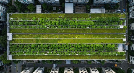 Lush Green Rooftop Garden Above Urban Development with Diverse Vegetation and Sustainable Architecture in City Setting