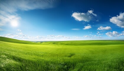 Fototapeta premium expansive horizon vibrant green grassland under a radiant blue sky
