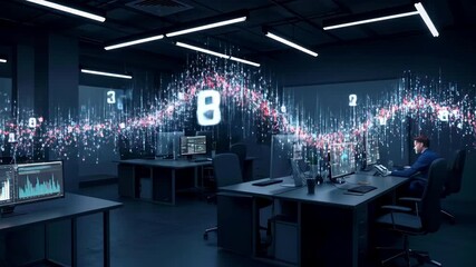 Modern office workspace with a businessman analyzing data trends on multiple screens, digital graphics in the background - Powered by Adobe