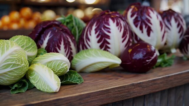 fresh Belgian endive and red radicchio displayed in a vibrant produce section of a grocery store promoting healthy vegetarian and vegan lifestyle choices with fresh seasonal greens