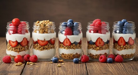 Delicious layered yogurt parfait with fresh berries and granola in glass jars on rustic wooden table