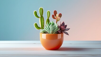 Succulent and Cactus Mix in Orange Pot for Indoor Decorative Gardening
