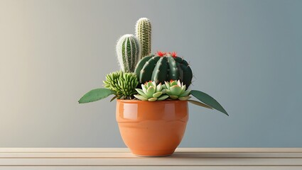 Mixed Succulent and Cactus Display in Orange Pot for Indoor Botanical Decor