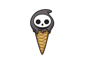Halloween themed ice cream cone featuring a cute ghost design with melting black ice cream treat concept