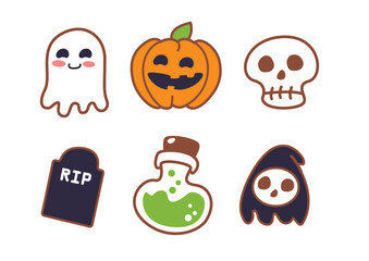 Set of cute Halloween icons featuring a ghost, pumpkin, skull, gravestone, potion, and another ghost character design concept