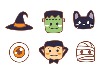Cute Halloween themed icons featuring a witch hat, Frankenstein, black cat, eyeball, vampire, and mummy character design concept