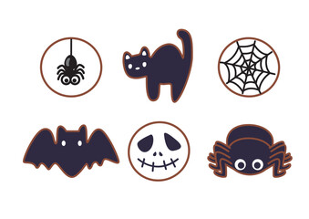 Collection of Halloween themed icons featuring a spider, black cat, spiderweb, bat, skull, and cute spider character design concept