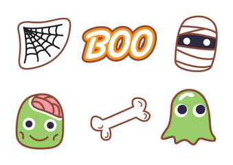 Fun collection of Halloween themed icons featuring a spiderweb, Boo text, mummy, ghost, brain treat, and bone character design concept