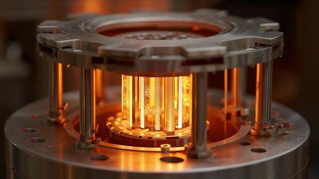 Thorium reactor core glowing bright orange light inside futuristic metal structure emitting warm energy for clean power generation