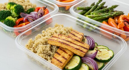 Freshly Prepared Meal Containers with Grilled Tofu, Quinoa, and Colorful Vegetables for Healthy Eating