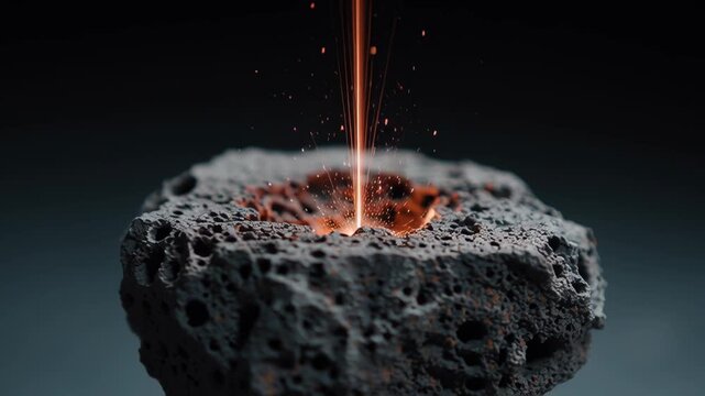 Molten metal pouring into porous volcanic rock creates glowing sparks with intense heat resembling thorium reactor core energy