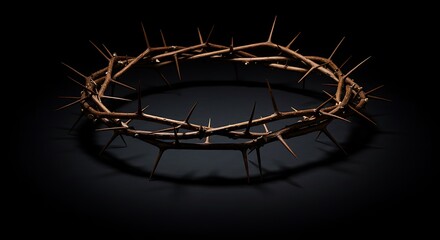 Branches of thorns woven into a crown depicting the crucifixion casting a shadow of a royal crown on a dark background