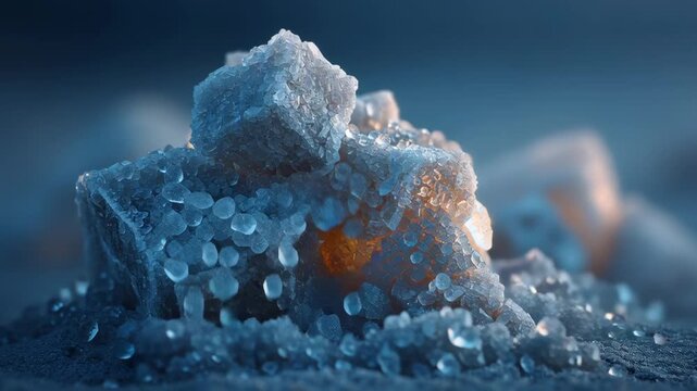 Salt crystal close up glowing blue with mineral texture and crystalline thorium reactor core emitting soft glowing light creating