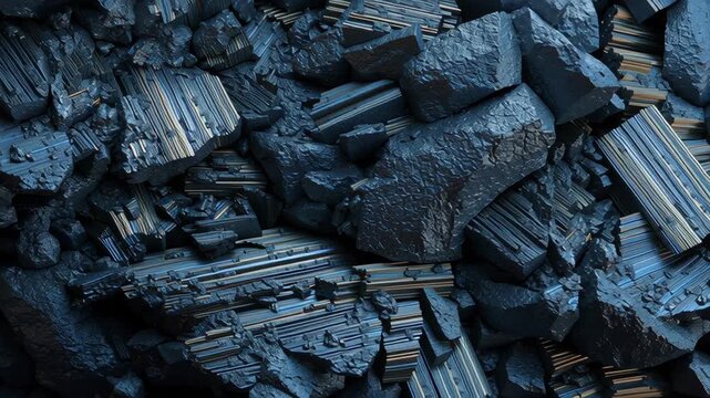 Thorium metal chunk with metallic texture and dark blue color, layered structure, sharp edges resembling reactor fuel material