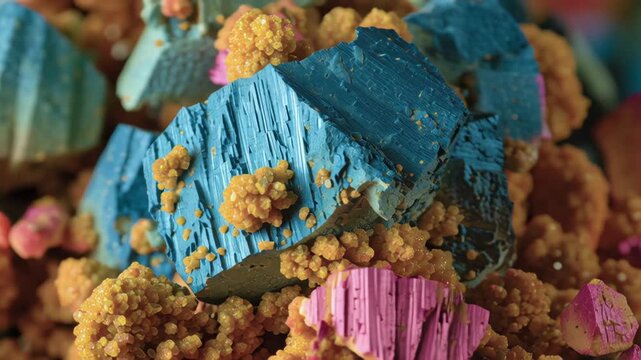 Colorful mineral crystal cluster featuring vibrant blue and pink formations with yellow granules resembling reactor like