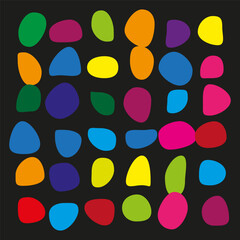 Colorful abstract stones. Organic shape pattern. Vibrant pebble illustration. Vector black background.