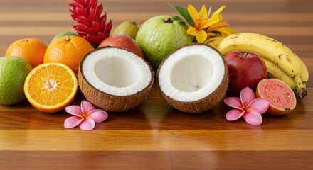Fresh Tropical Fruits Arrangement with Coconut, Citrus, and Exotic Flowers on Wooden Table