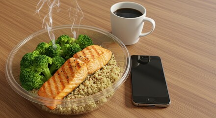 Freshly Cooked Salmon with Broccoli and Quinoa Served Hot with Coffee and Smartphone on Wooden Table