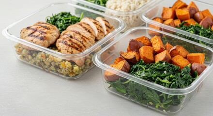 Healthy Meal Prep with Grilled Chicken, Sweet Potatoes, Spinach and Quinoa in Clear Containers for Balanced Nutrition