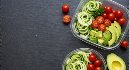 Fresh Vegetable Salad with Zucchini Noodles, Cherry Tomatoes, Avocado, and Herbs in Clear Containers on Dark Surface