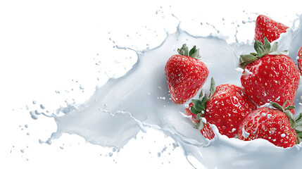 milk or yogurt splash with strawberries isolated on white background