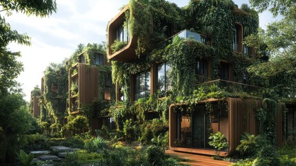 a captivating view of sustainable urban residences where nature and architecture converge seamlessly creating a harmonious blend of lush greenery with modern building designs