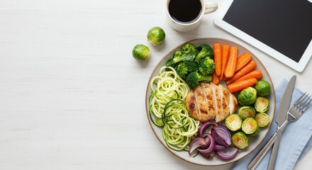 Healthy Meal Plate with Grilled Chicken, Fresh Vegetables, Coffee, and Digital Device on a Light Table Surface