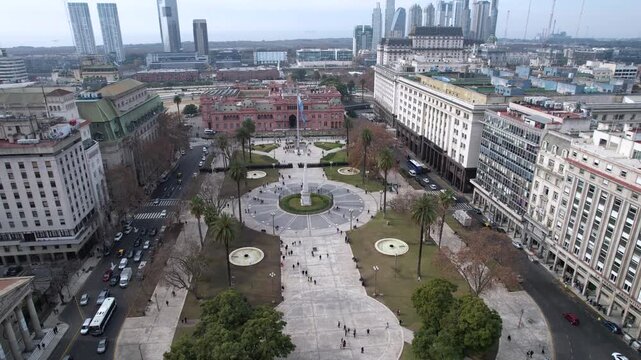 Aerial view of Plaza de Mayo, May pyramid and Casa Rosada, in Buenos Aires, Argentina. The Casa Rosada is the seat of the executive power and place of work of the president.