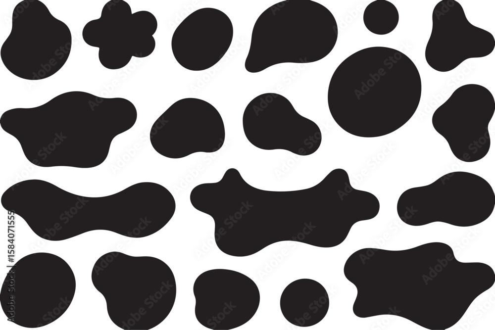 Poster collection of black irregular organic shapes and blobs scattered across a white background isolated 