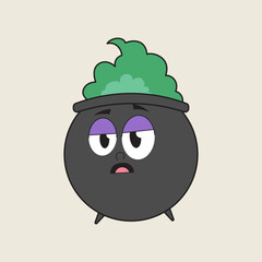cute witch pot cartoon mascot vintage illustration with big eyes